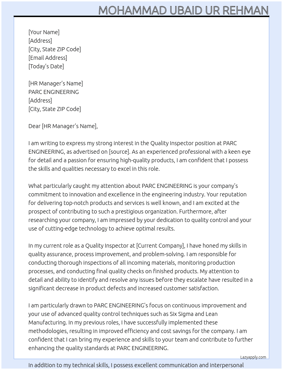 Quality Inspector At PARC ENGINEERING Cover Letter