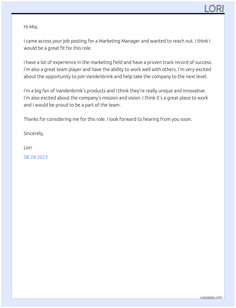 Marketing Manager At Vandenbrink Cover Letter