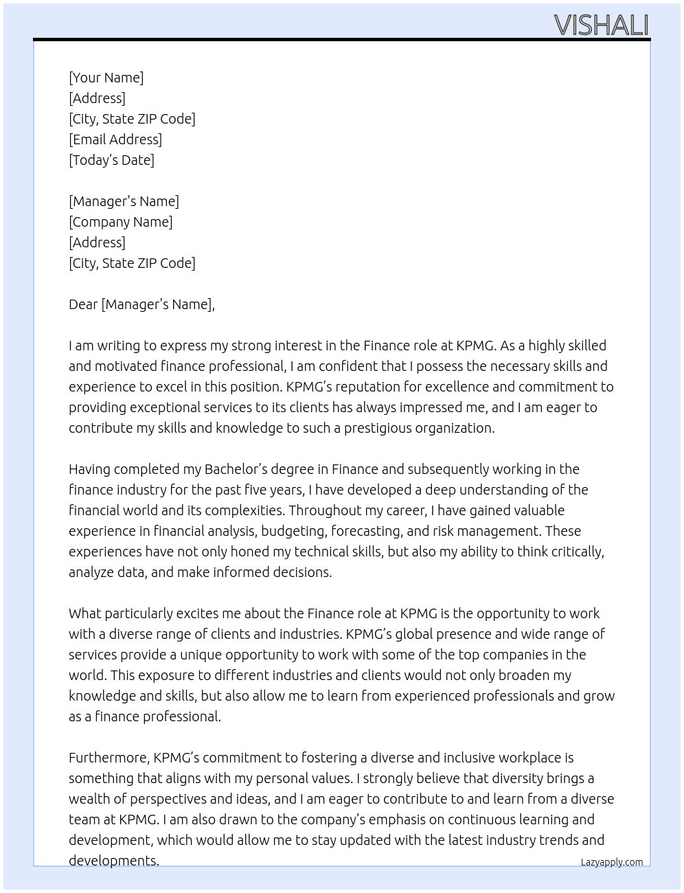Finance role  At KPMG  Cover Letter