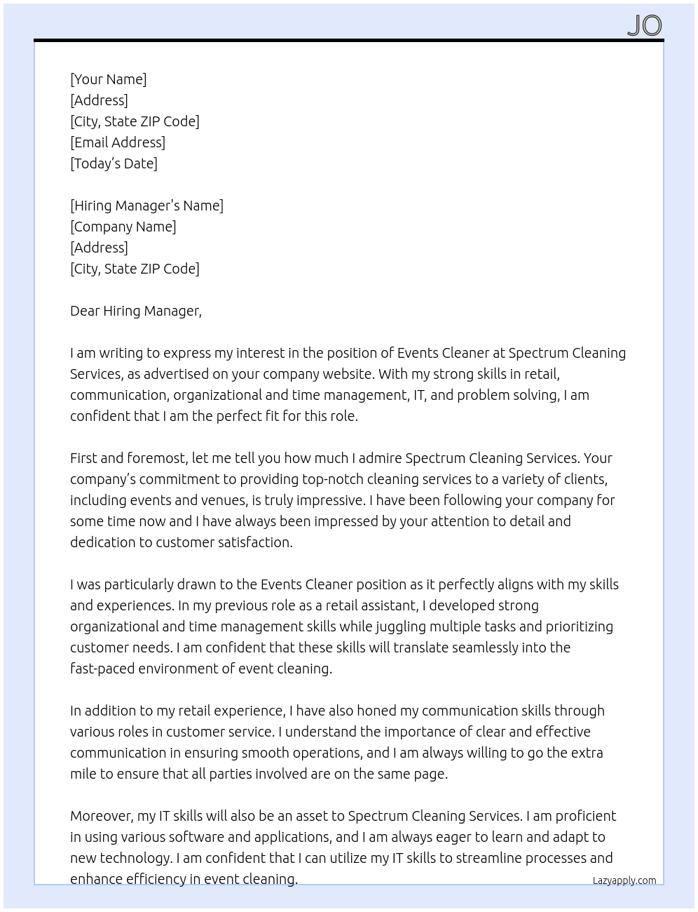 Events Cleaner At Spectrum Cleaning Services  Cover Letter