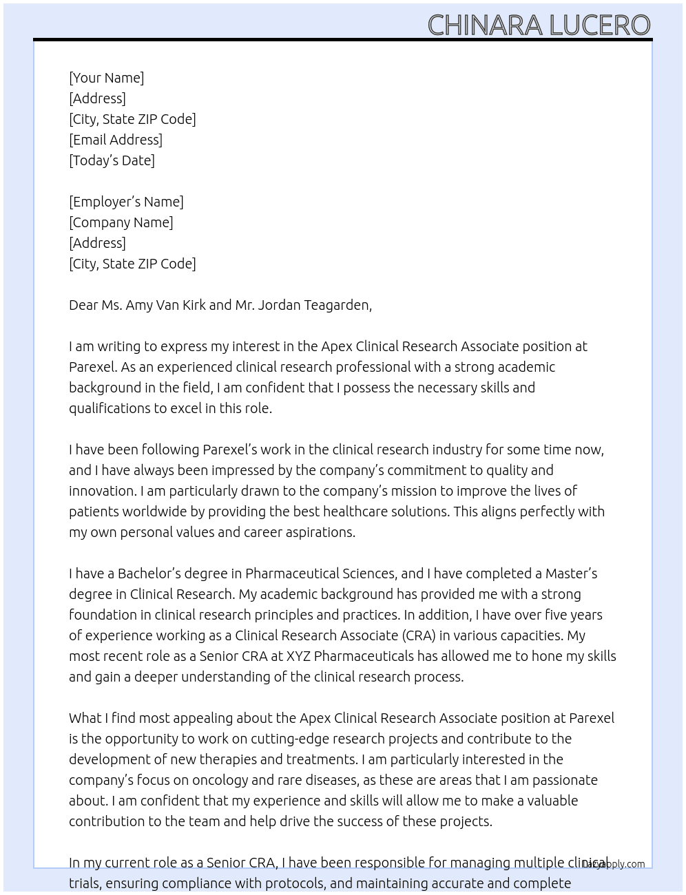 Apex Clinical Research Associate   At Parexel  Cover Letter