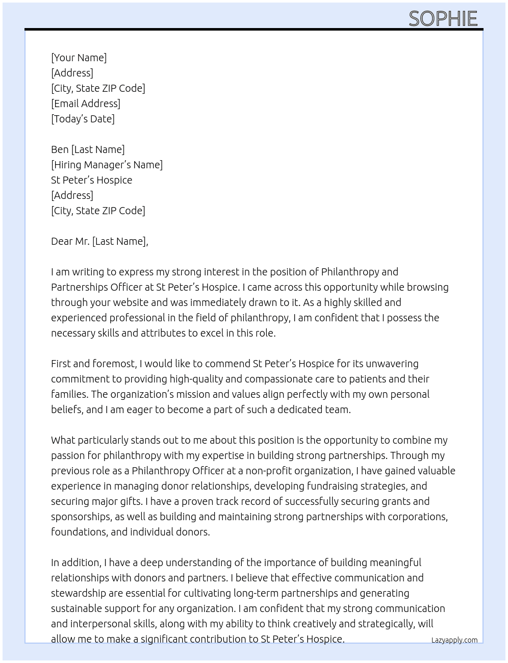 Philanthropy and Partnerships Officer At St Peter's Hospice Cover Letter