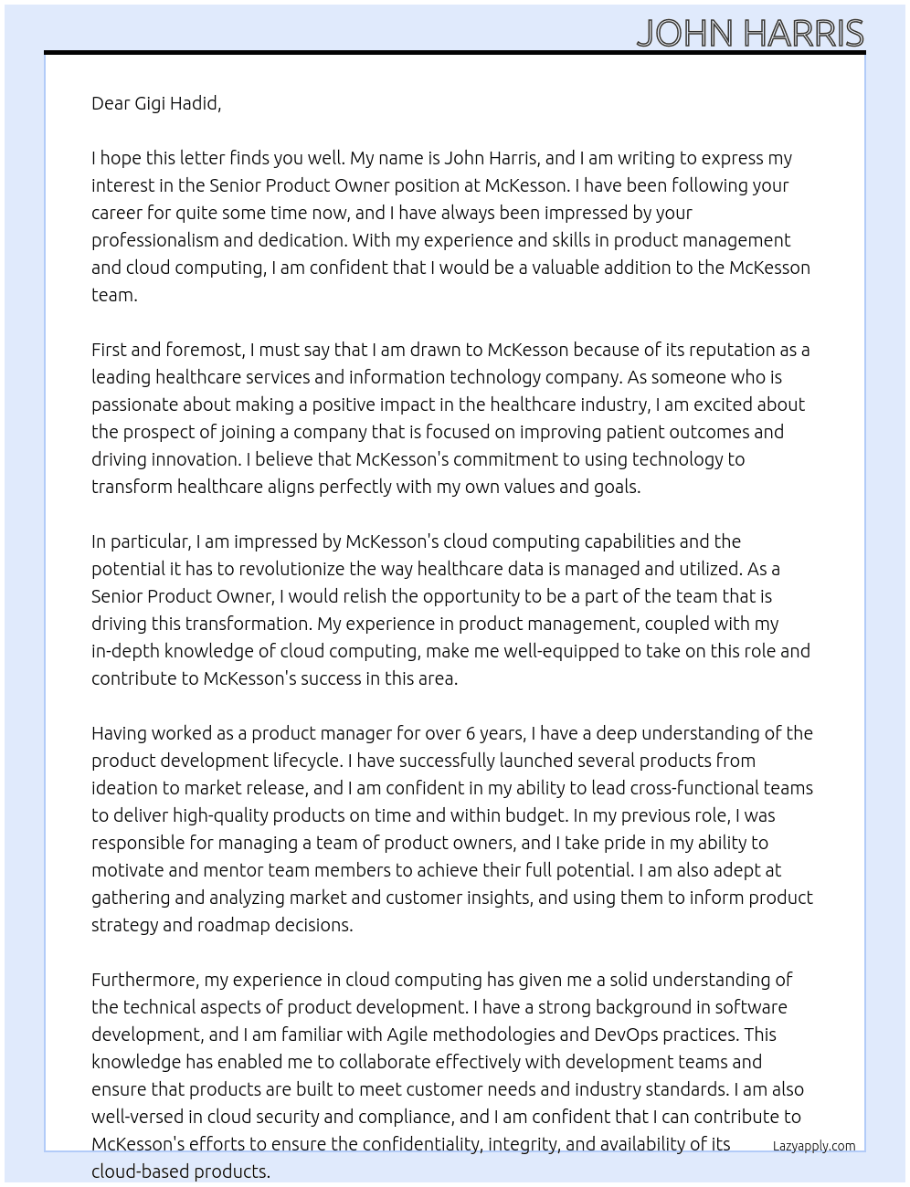 Senior product owner At McKesson Cover Letter