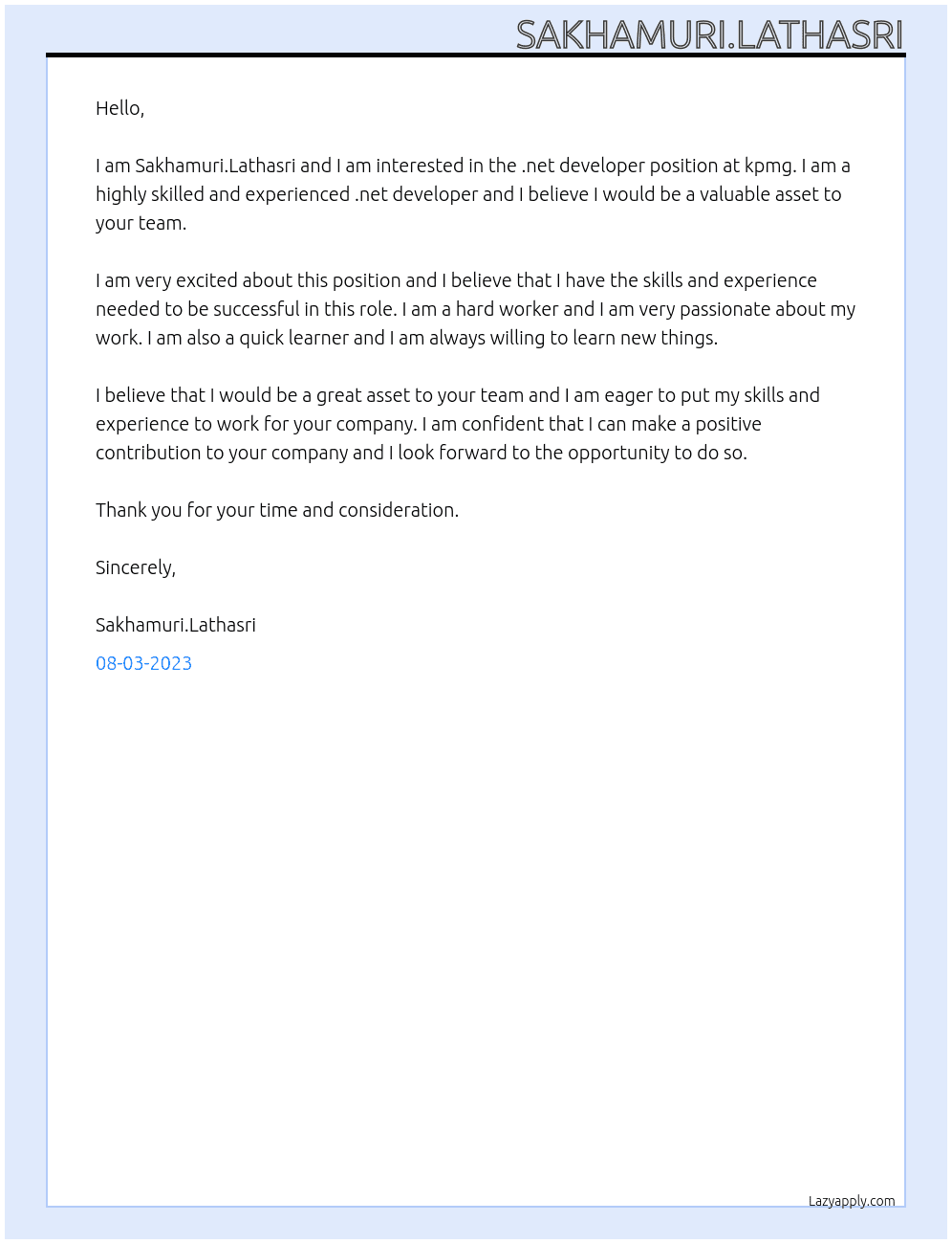 .net developer At kpmg Cover Letter