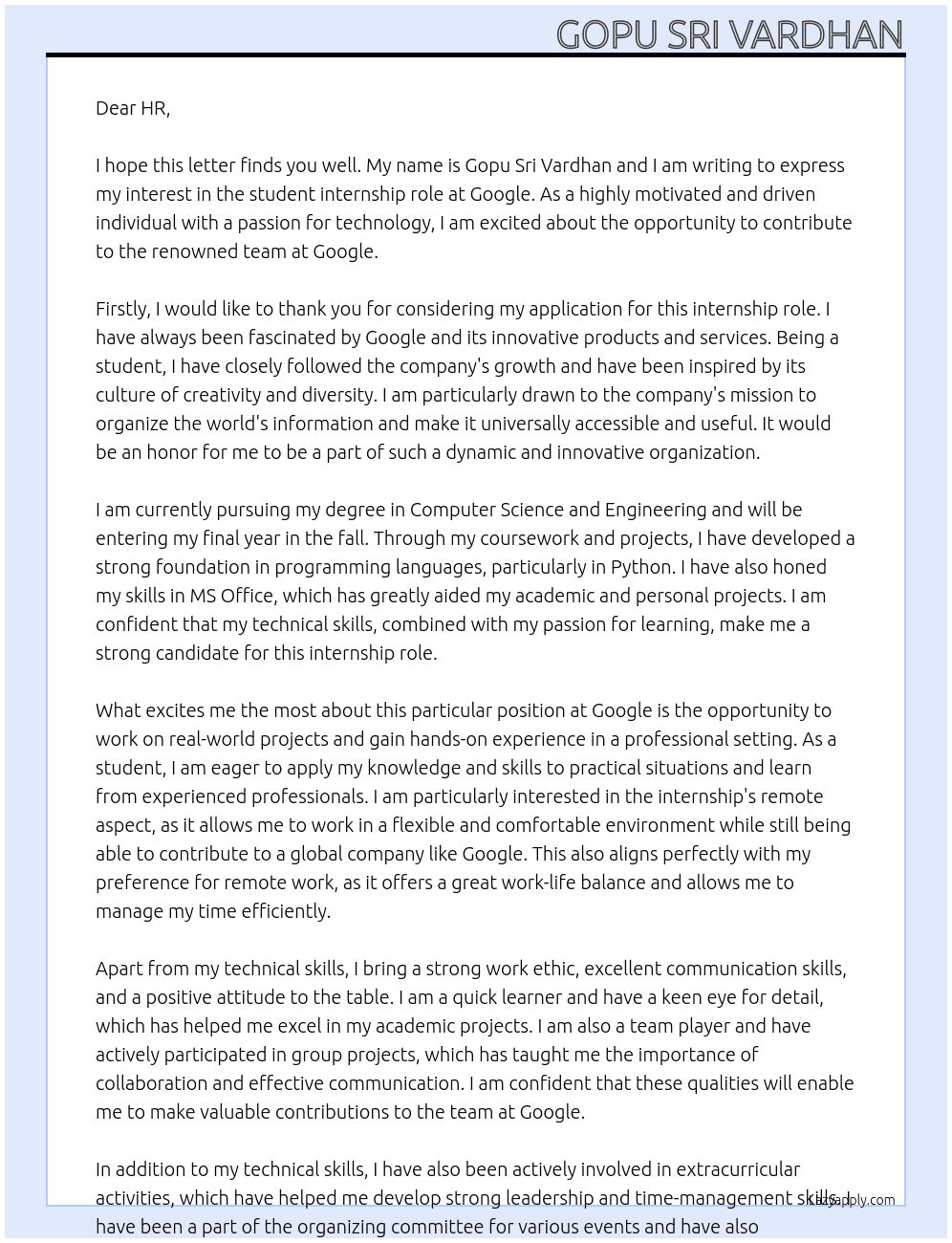 student At Google Cover Letter