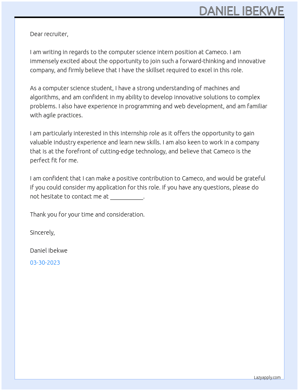 computer science intern At Cameco Cover Letter