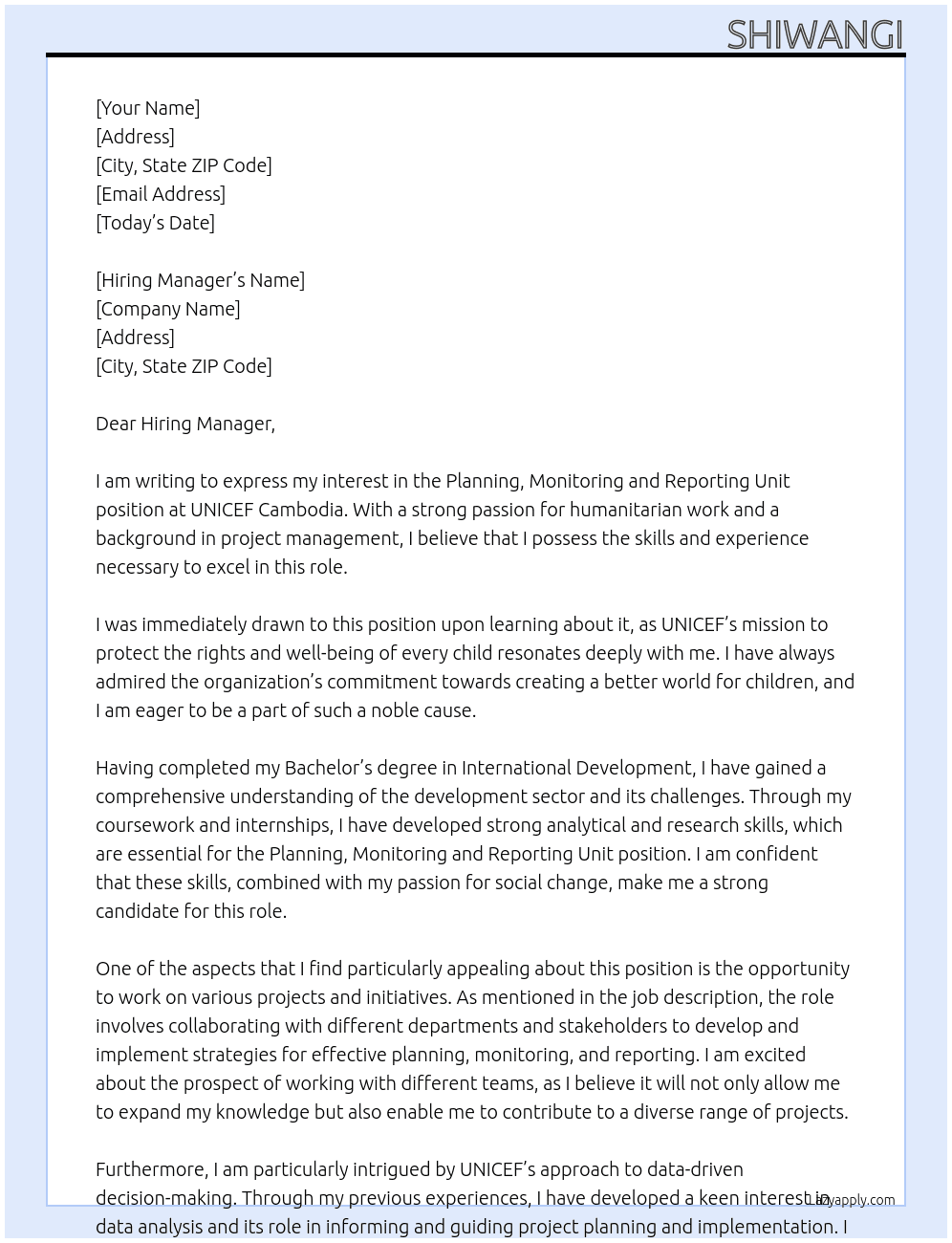Planning, Monitoring and Reporting Unit At UNICEF Cambodia  Cover Letter