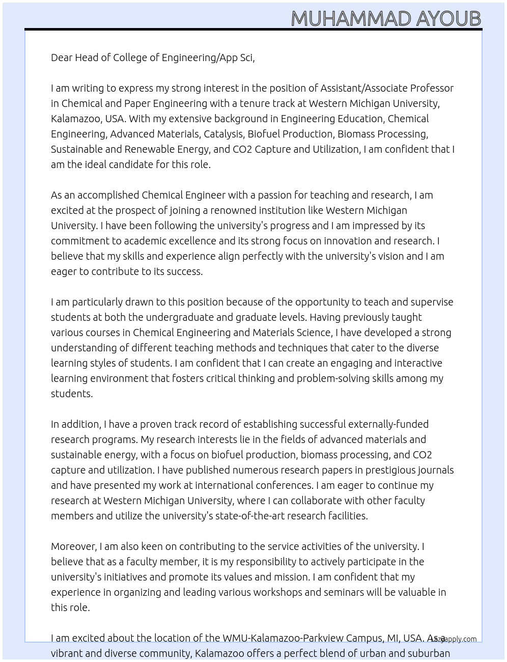 Assistant/Associate Professor - Chemical and Paper Engineering - Tenure Track At Western Michigan University, Kalamazoo, USA Cover Letter