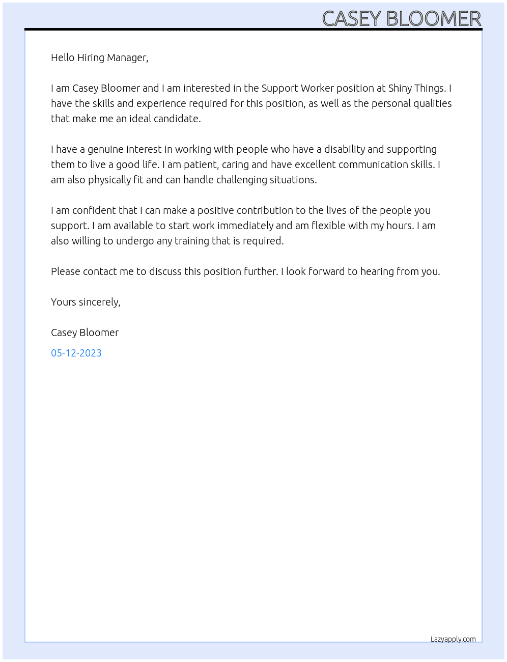 Support Worker  At Shiny Things Cover Letter