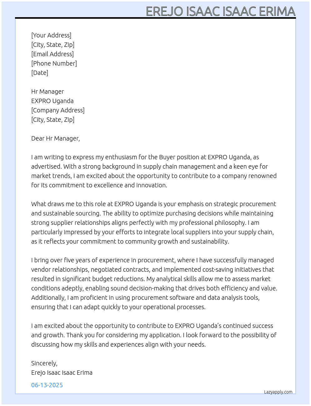 Buyer  At EXPRO Uganda  Cover Letter