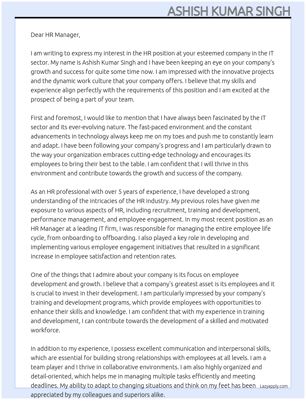 HR At IT SECTOR Cover Letter
