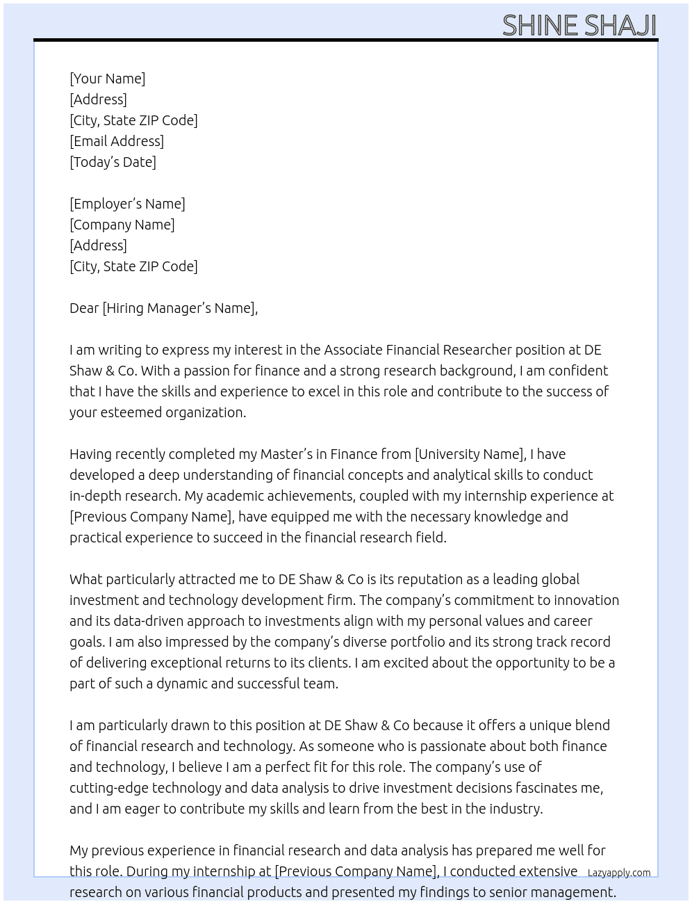  Associate Financial Researcher  At DE Shaw &Co Cover Letter