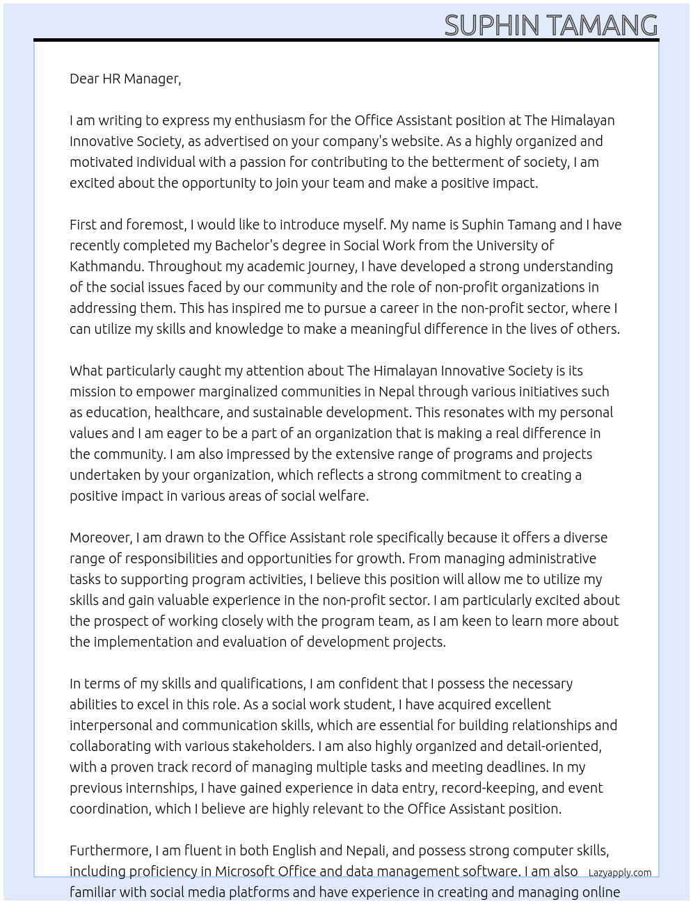 Office Assistant for welfare organization At The Himalayan Innovative Society Cover Letter