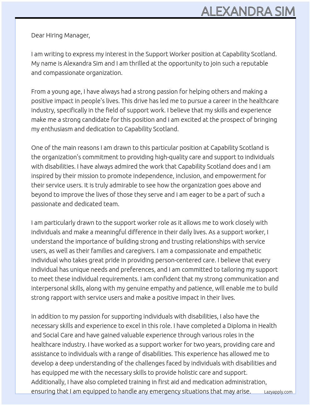 Support Worker At Capability Scotland Cover Letter