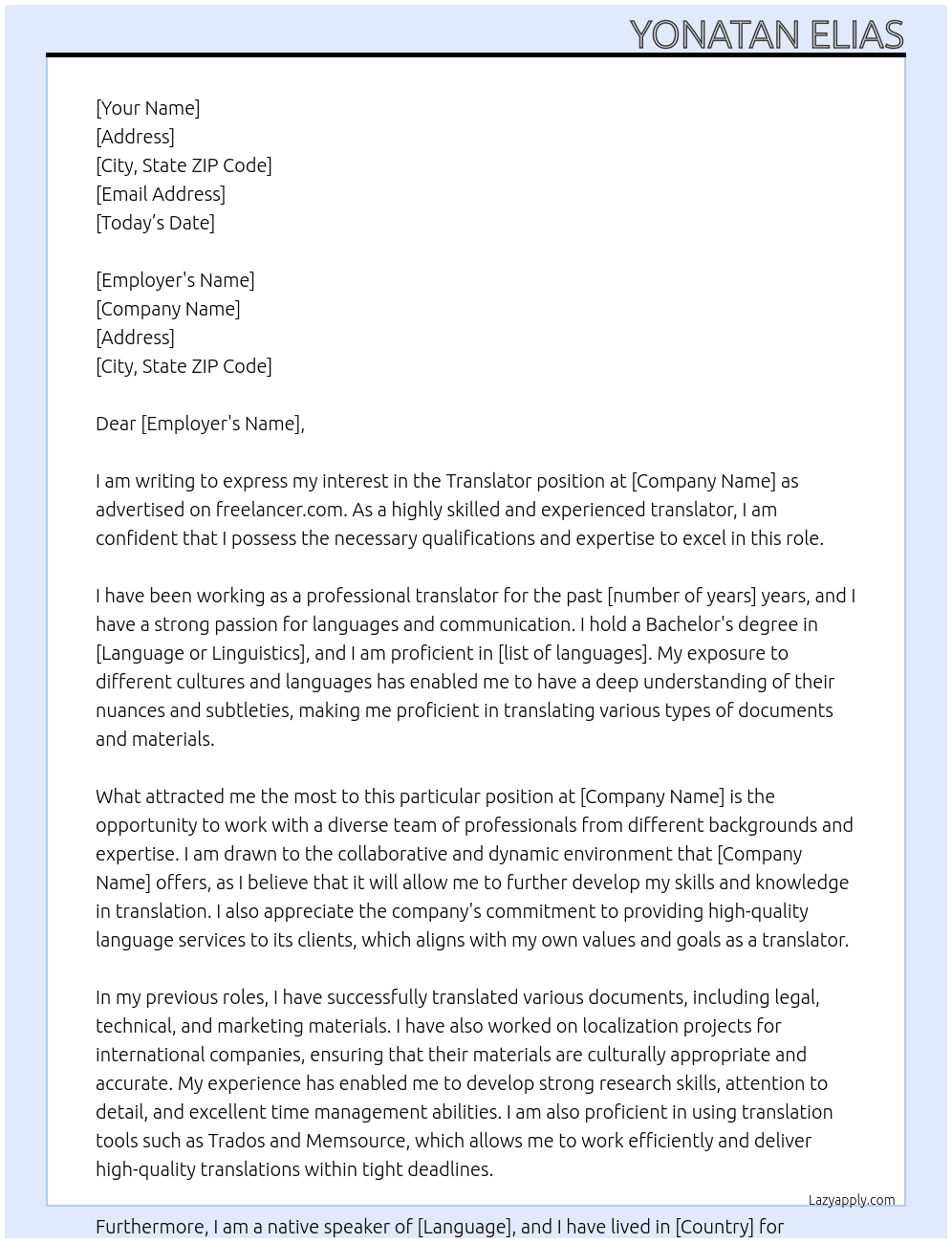 Translator At freelancer.com Cover Letter