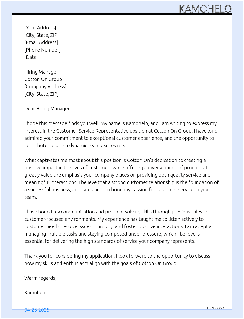 Customer service representative At Cotton On Group Cover Letter