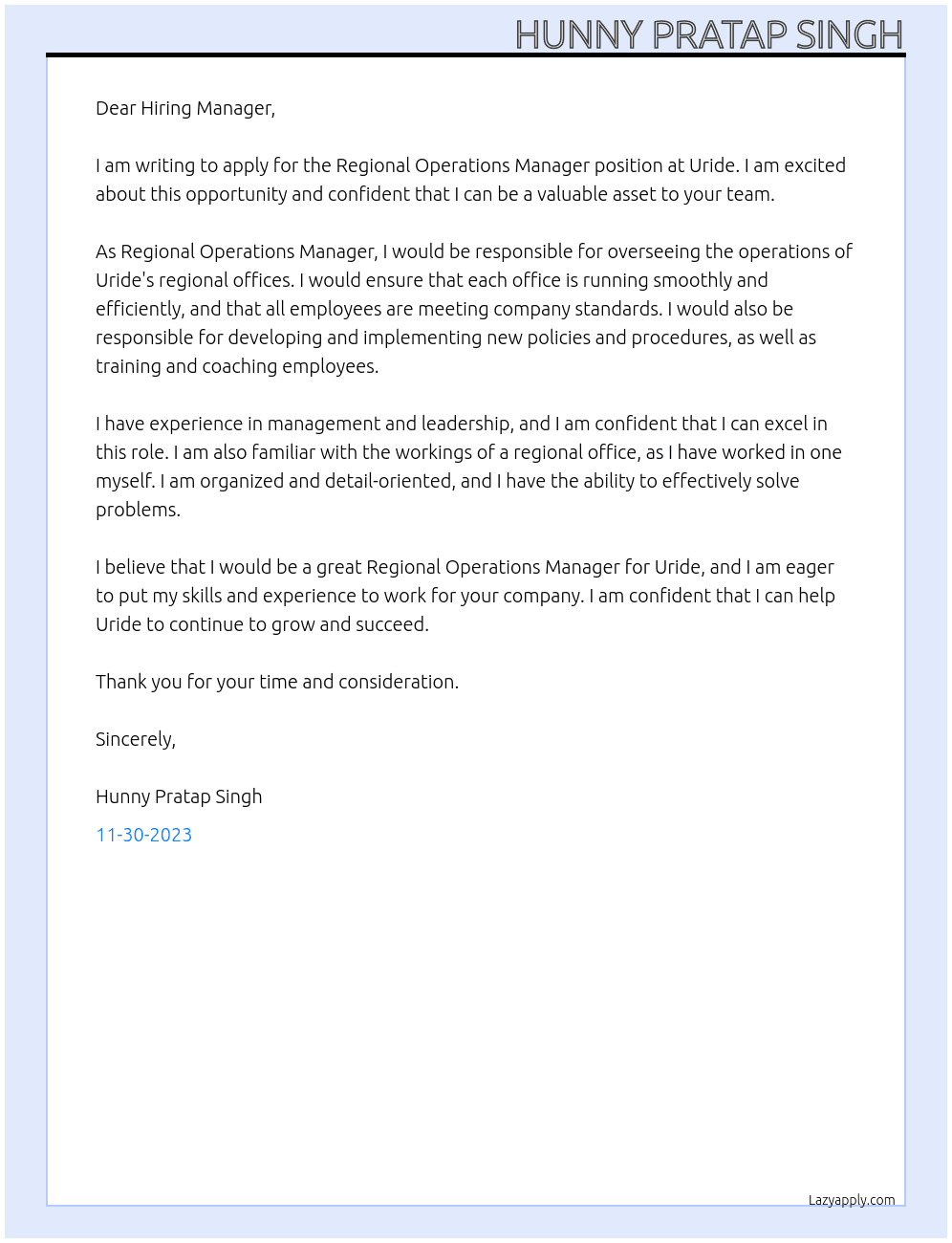 Regional Operations Manager At Uride Cover Letter