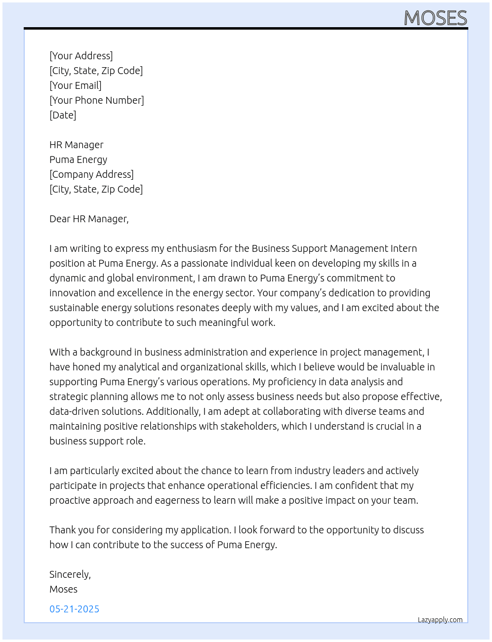 Business Support Management Intern At Puma Energy Cover Letter