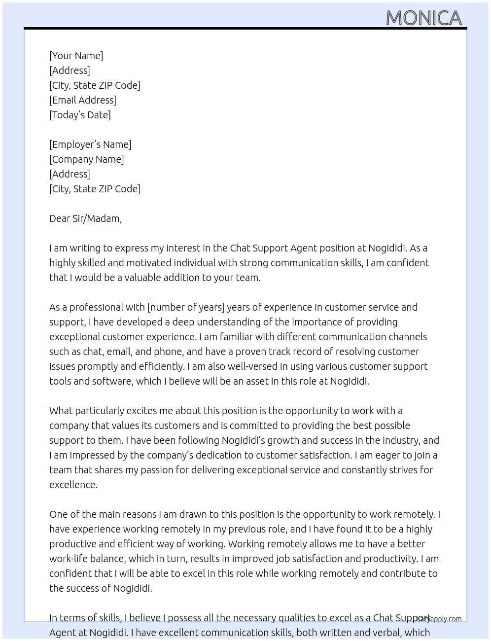 Chat Support Agent At Nogididi Cover Letter