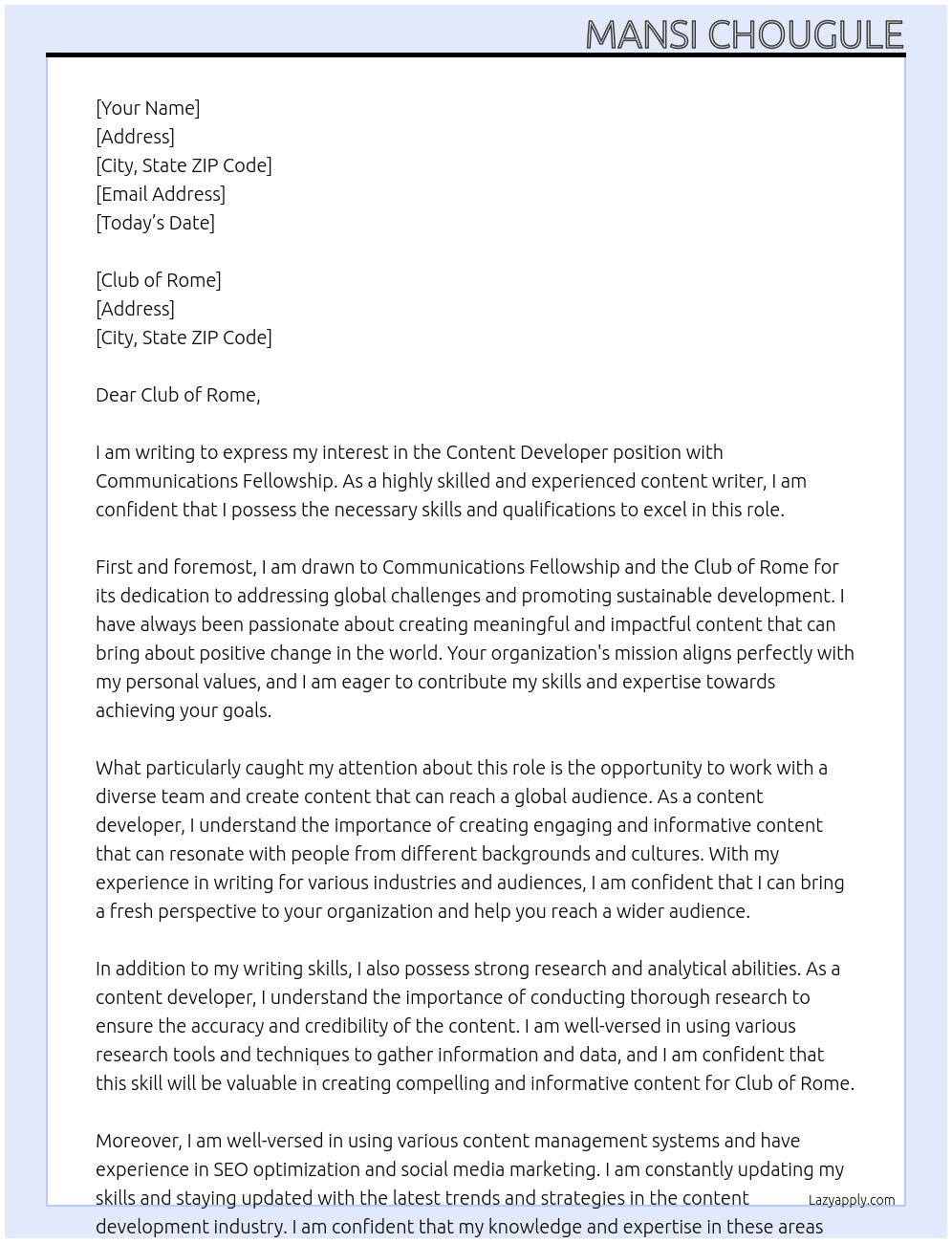 Content Developer At Communications Fellowship Cover Letter