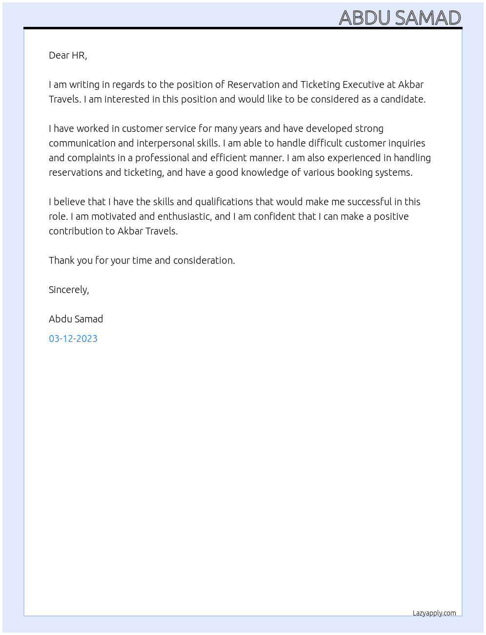 Reservation and Ticketing Executive At Akbar Travels Cover Letter