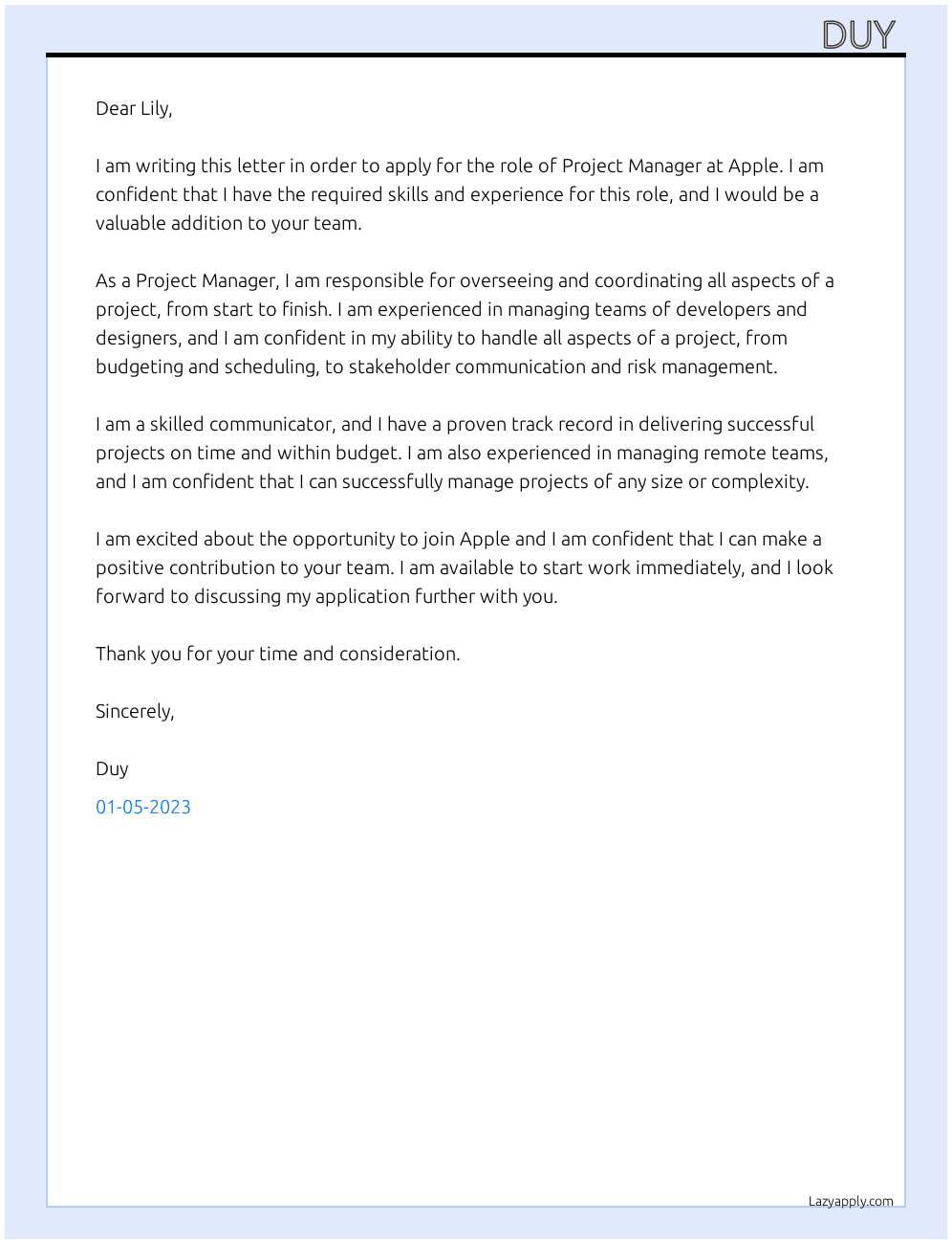 Project management  At Apple Cover Letter