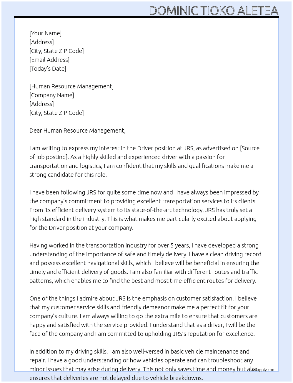 DRIVER  At JRS Cover Letter