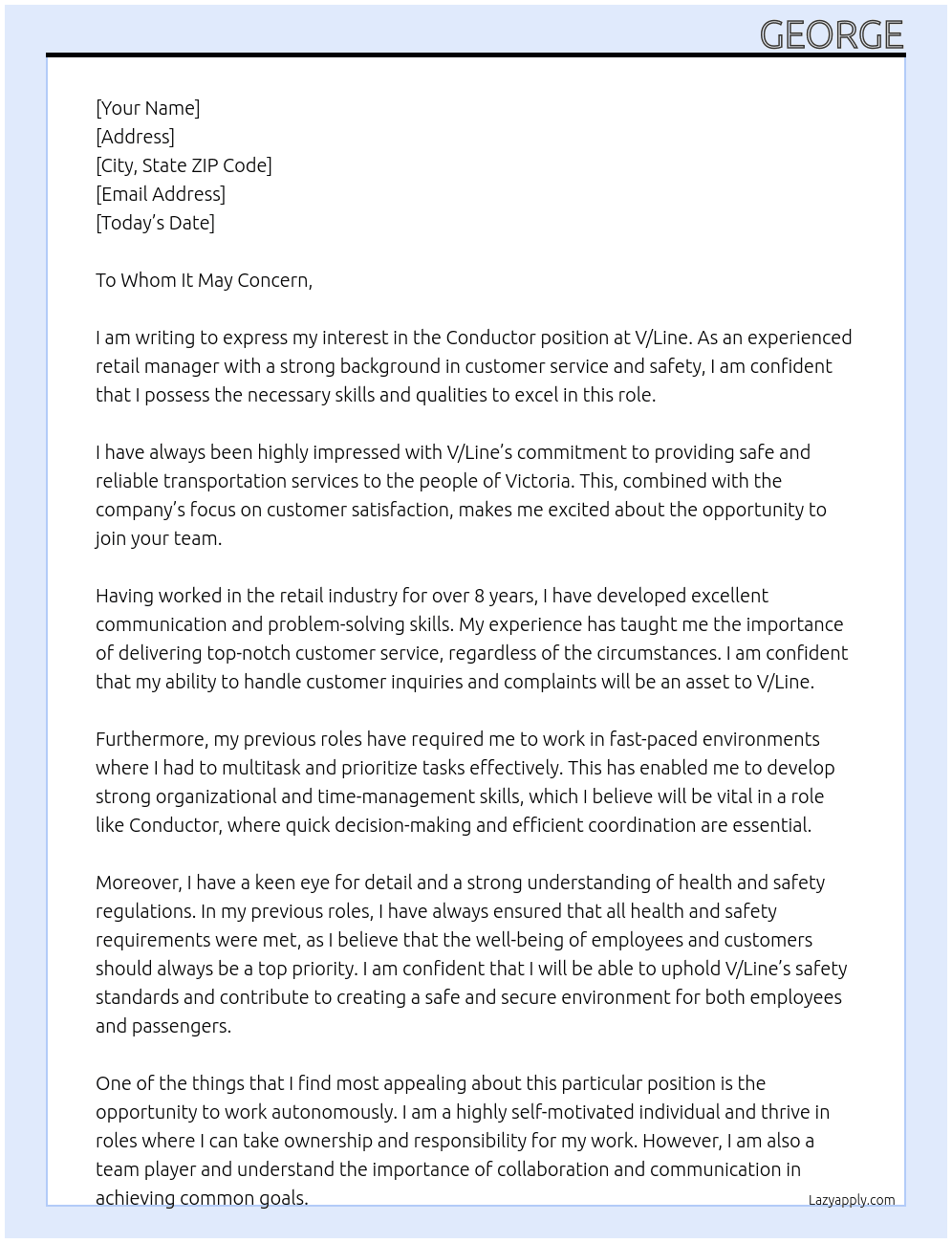 Conductor  At V/Line Cover Letter