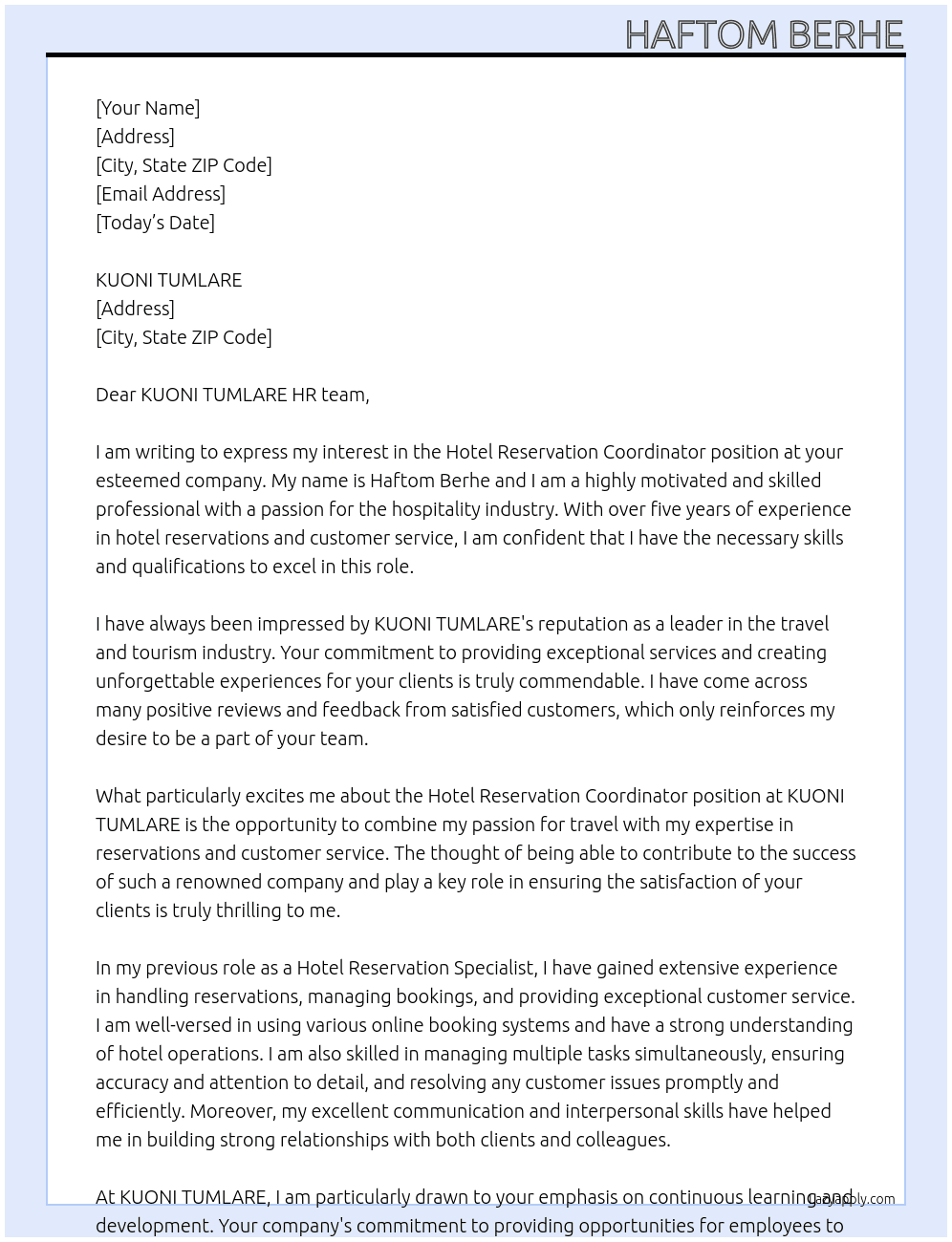 Hotel reservation coordinator  At KUONI TUMLARE Cover Letter