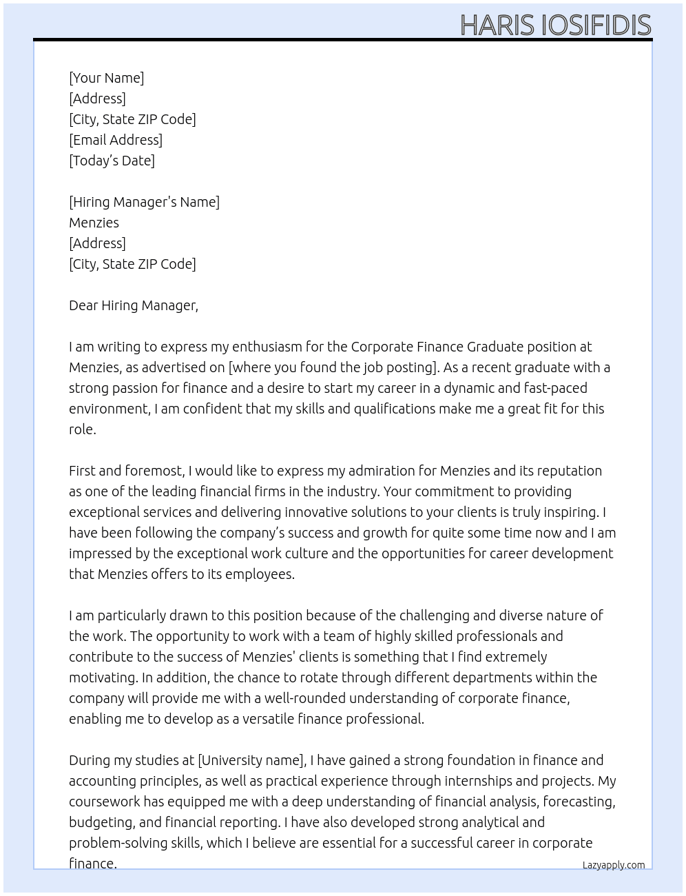 Corporate Finance Graduate At Menzies Cover Letter
