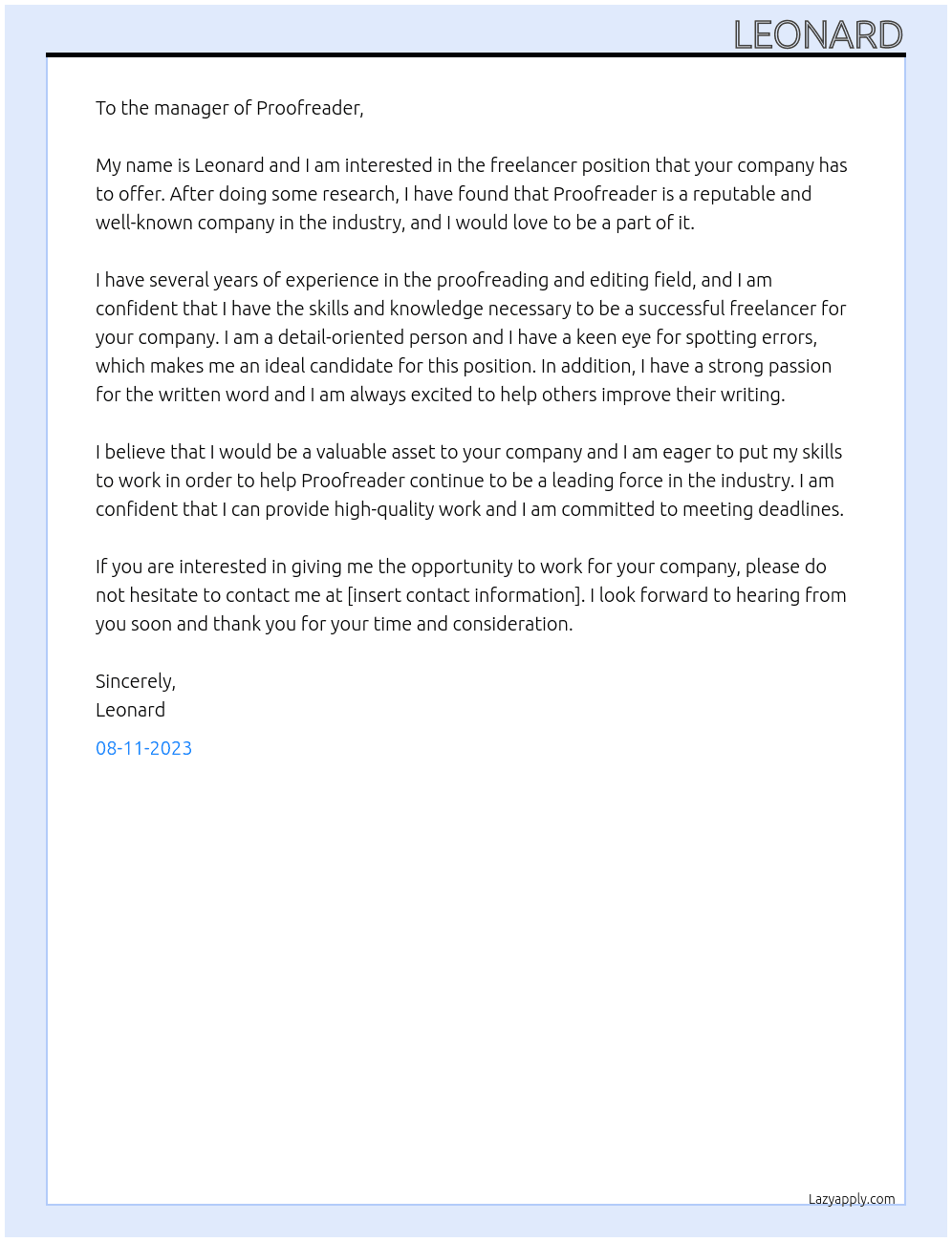 freelancer At proofreader  Cover Letter