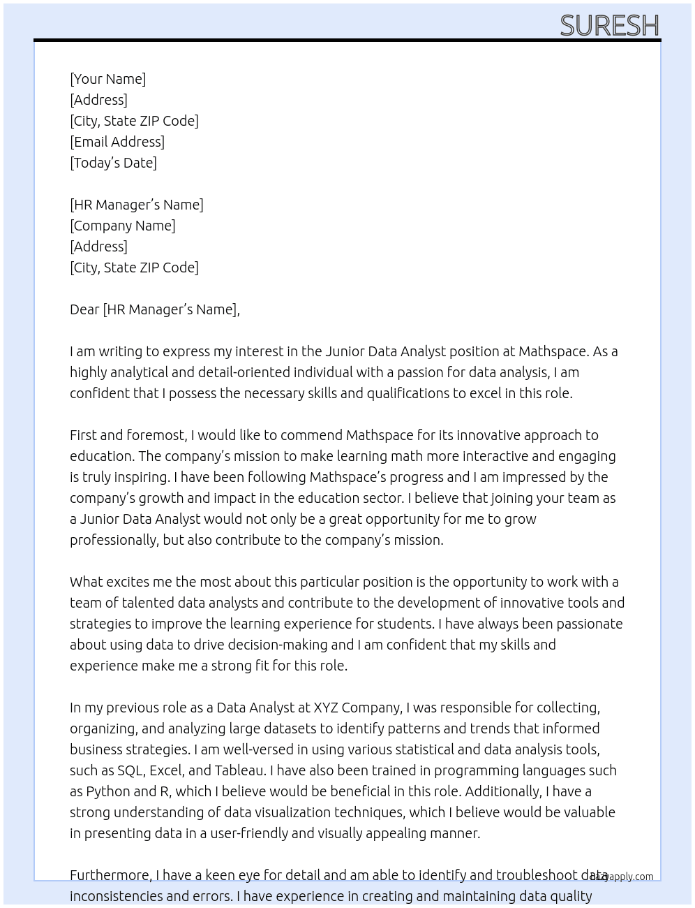 Junior data analyst  At Mathspace Cover Letter