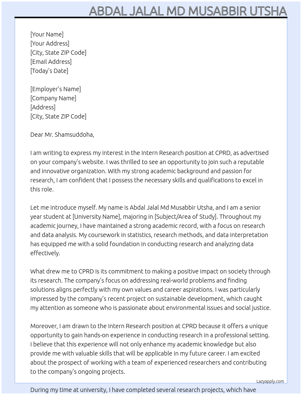 Cover letter for intern research - LazyApply