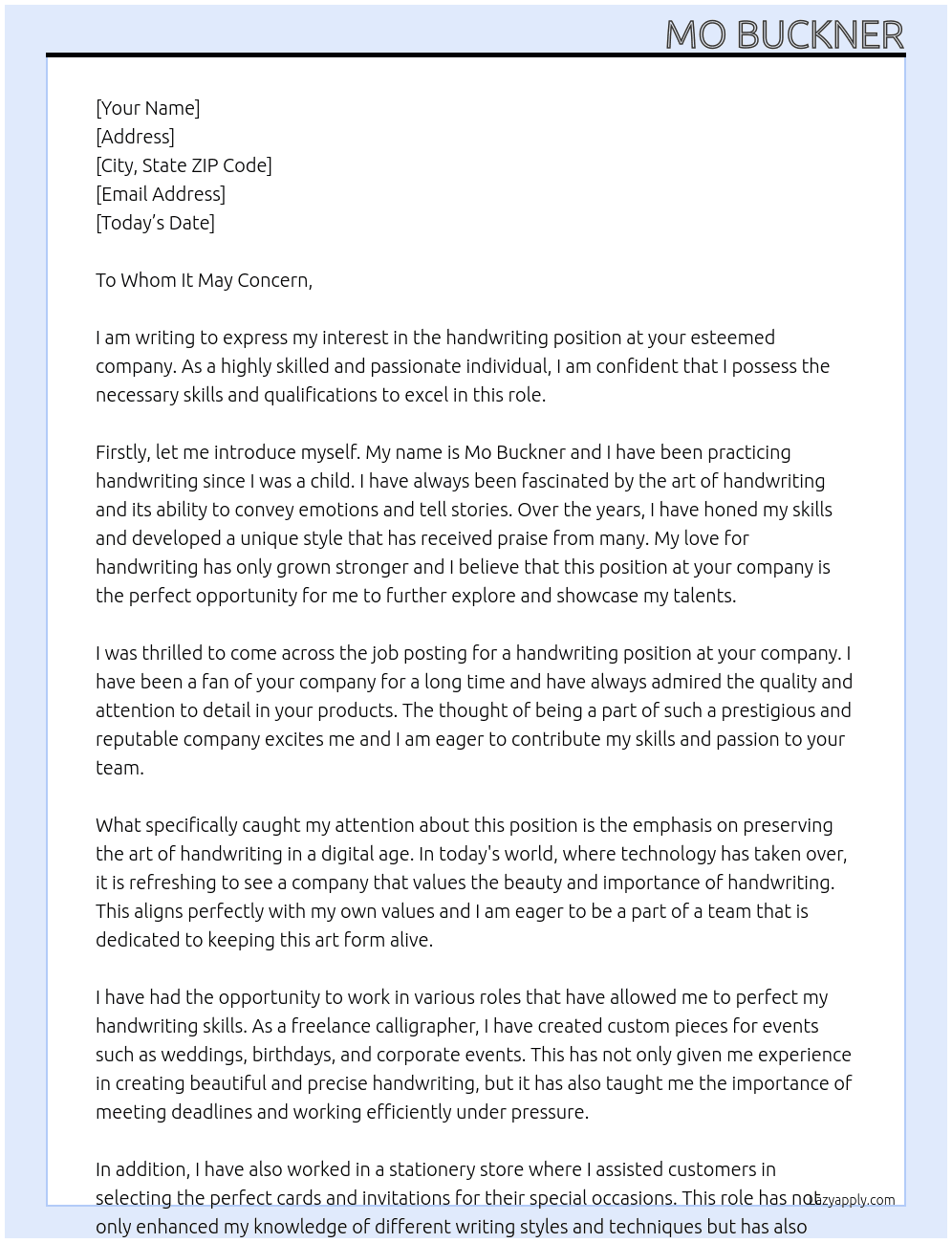 handwriting  At unkown  Cover Letter