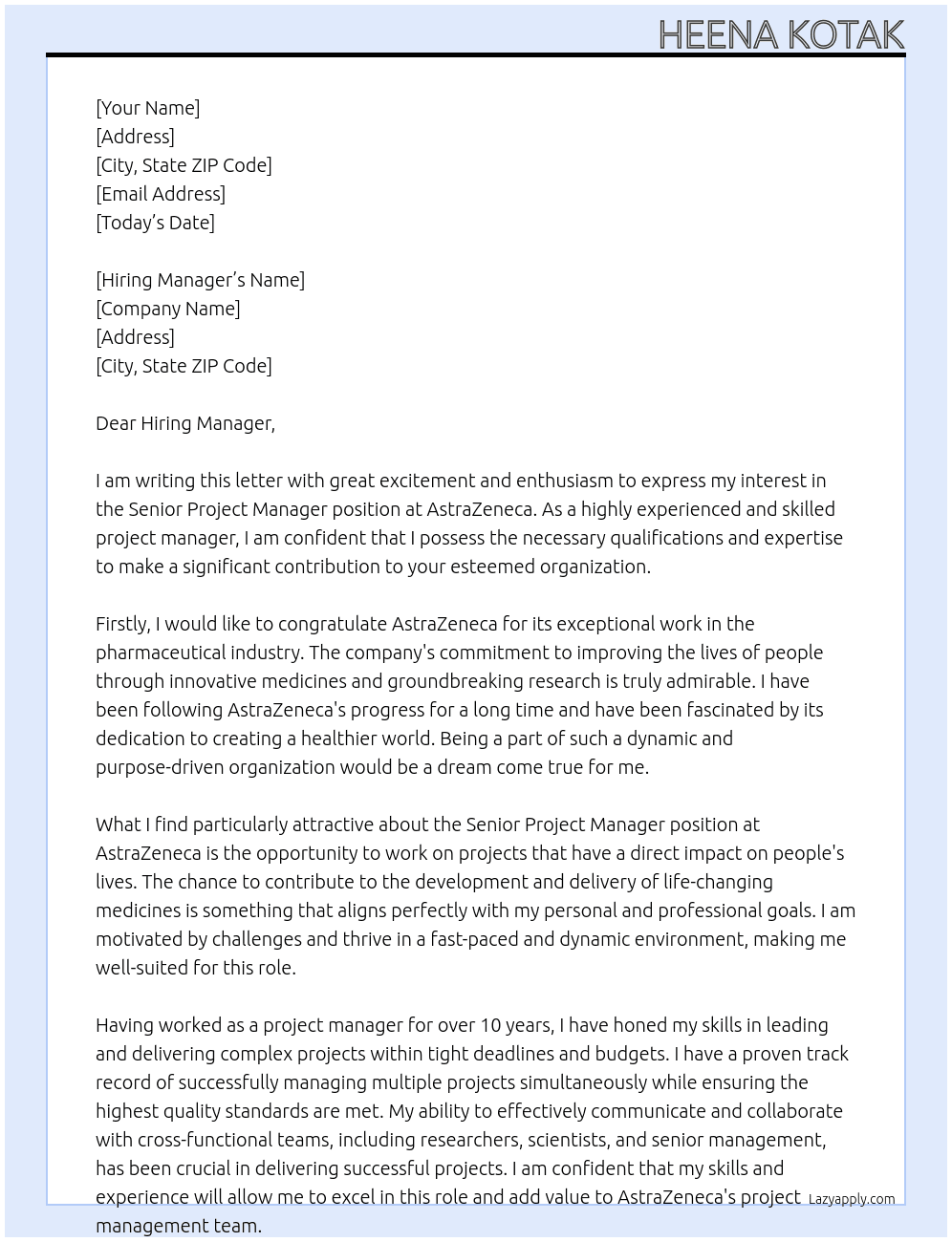 Senior Project Manager At AstraZeneca Cover Letter