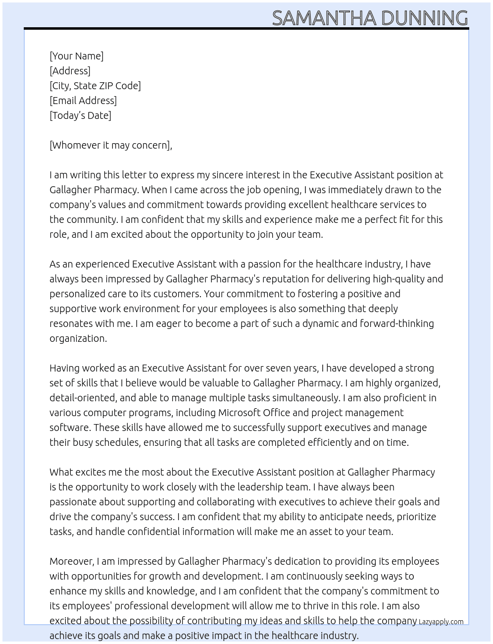 Executive Assistant At Gallagher Pharmacy Cover Letter