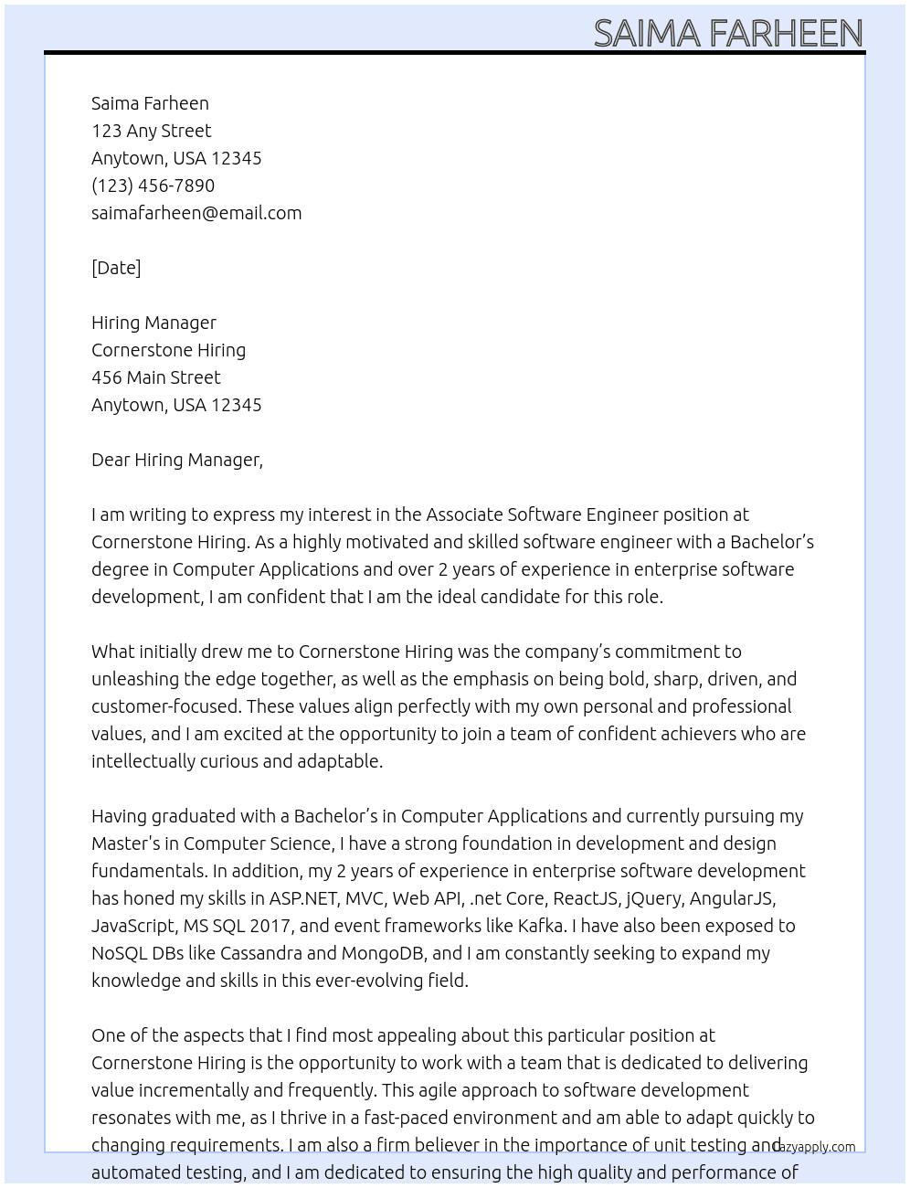 Associate Software Engineer At Cornerstone Hiring Cover Letter