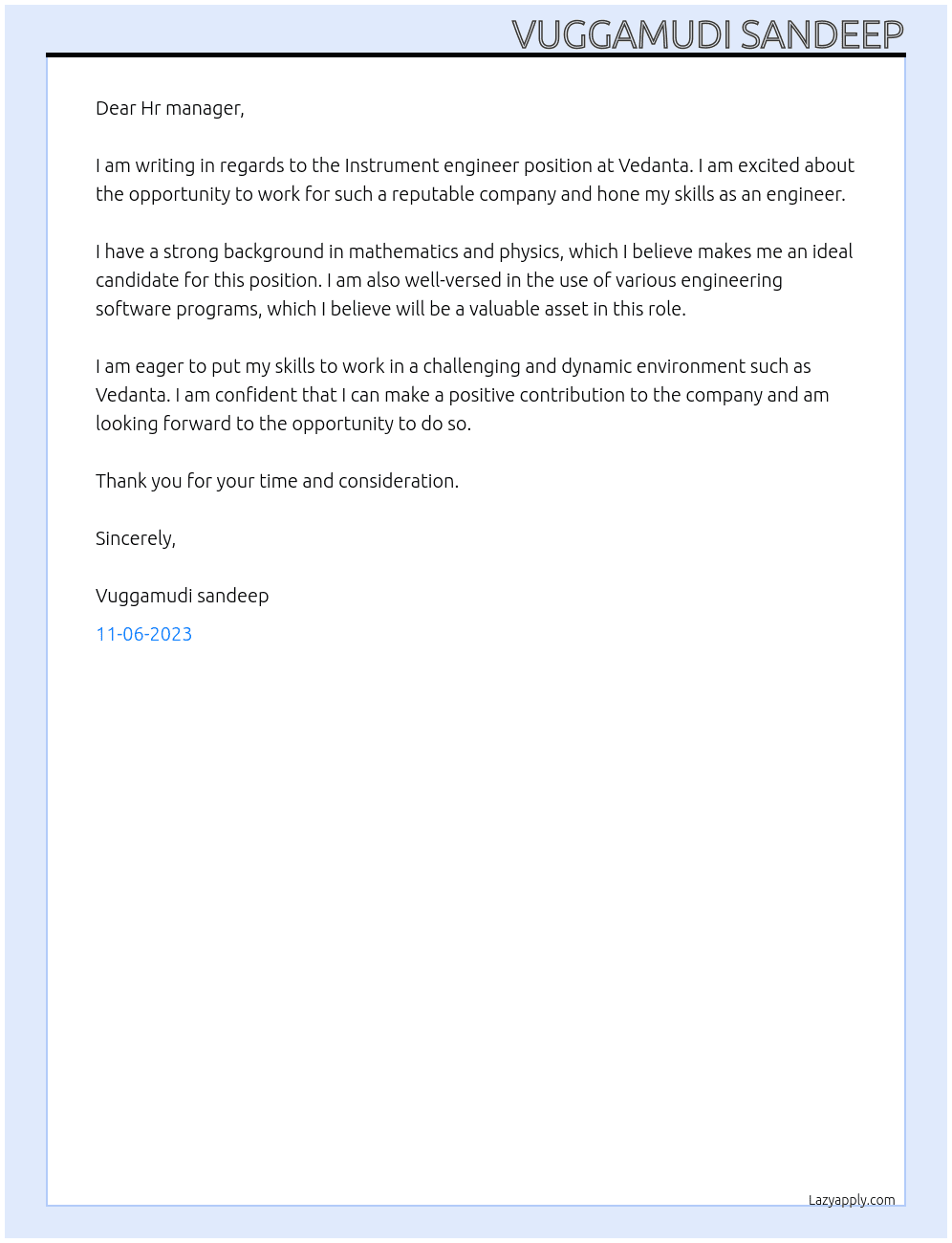 Instrument engineer At Vedanta  Cover Letter