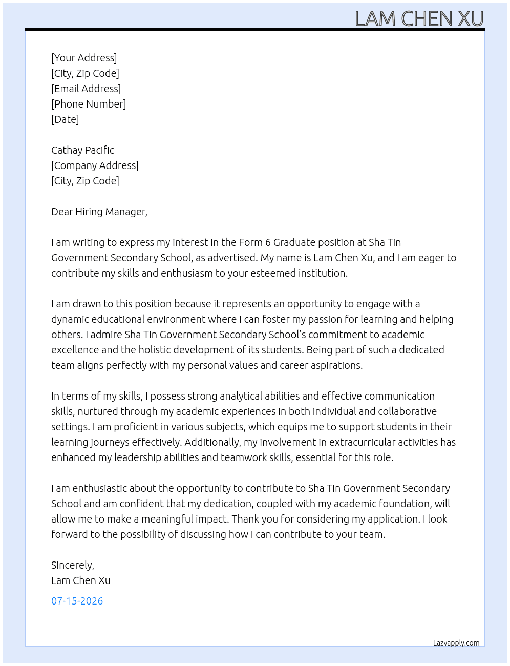 Form 6 Graduate At Sha Tin Government Secondary School Cover Letter