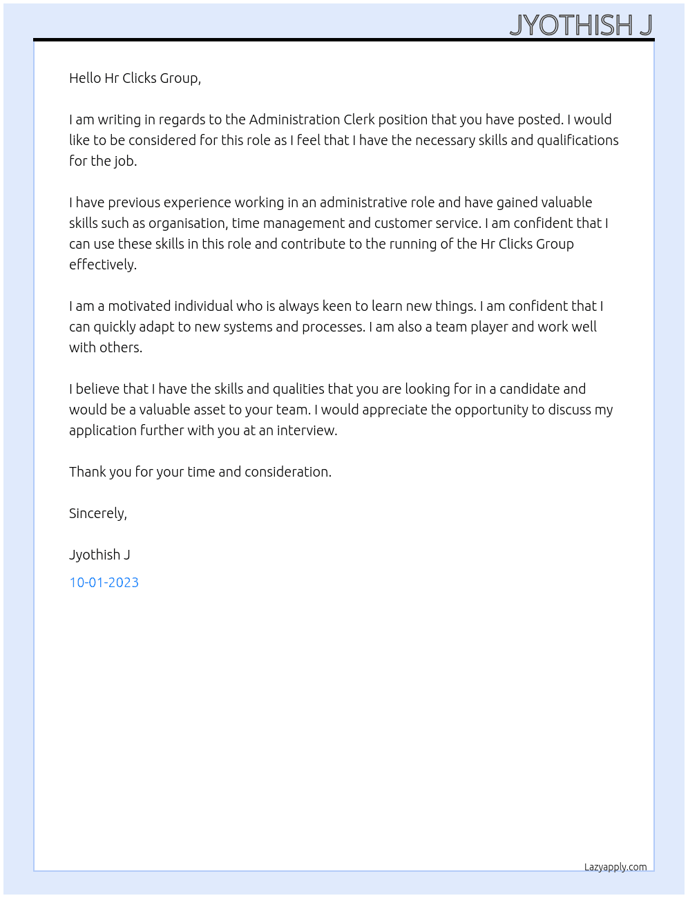 Administration Clerk At Clicksgroup Cover Letter
