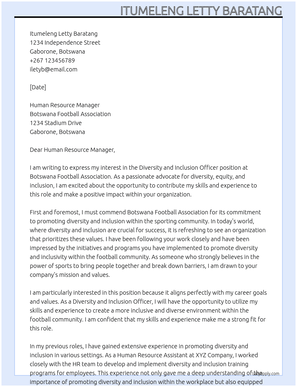 Diversity and inclusion officer  At Botswana football association  Cover Letter