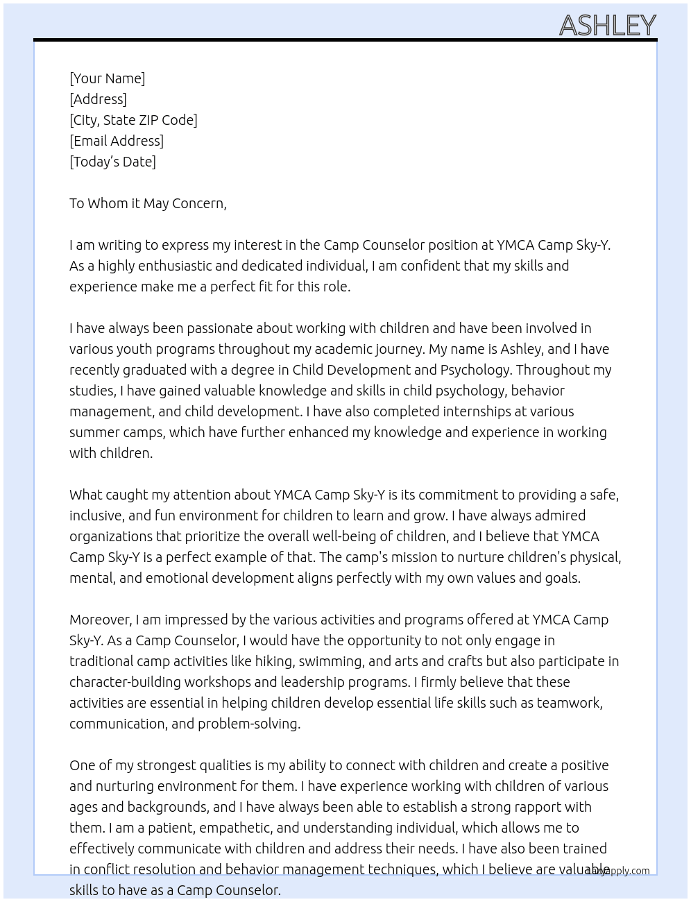 Camp Counselor  At YMCA Camp Sky-Y Cover Letter