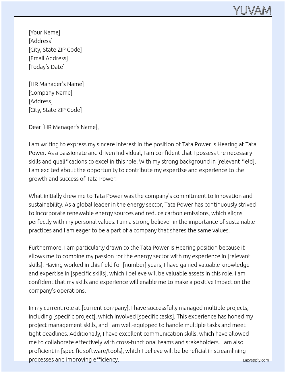 Tata power is hearing  At Tata pow er  Cover Letter