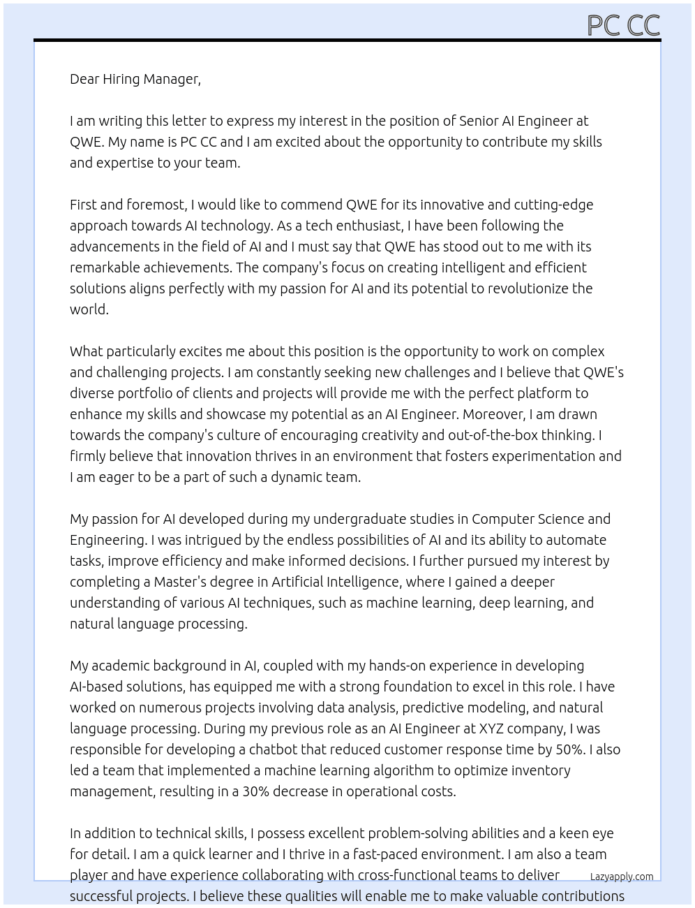 Senior AI Engineer At QWE Cover Letter