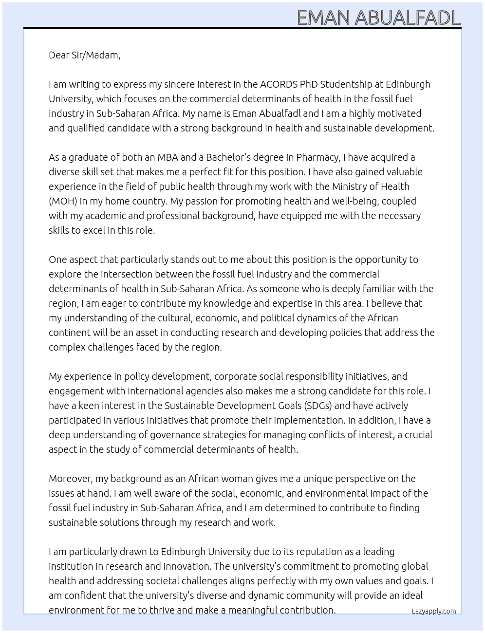 ACORDS PhD Studentship: The Fossil Fuel industry and the Commercial Determinants of Health in Sub-Saharan Africa At Edinburgh University Cover Letter
