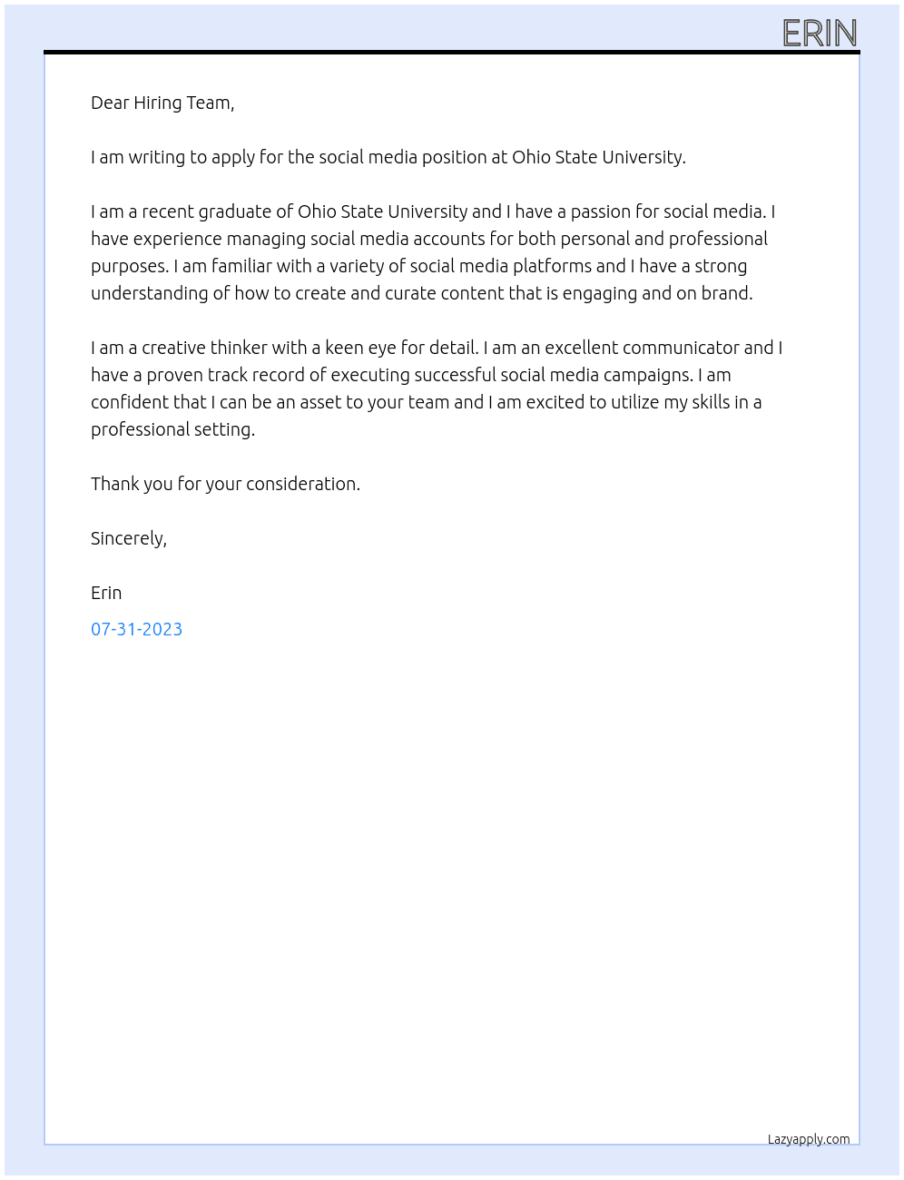 social media  At osu Cover Letter
