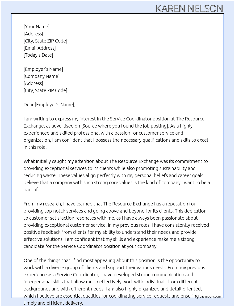 Service Coordinator At The resource exchange Cover Letter