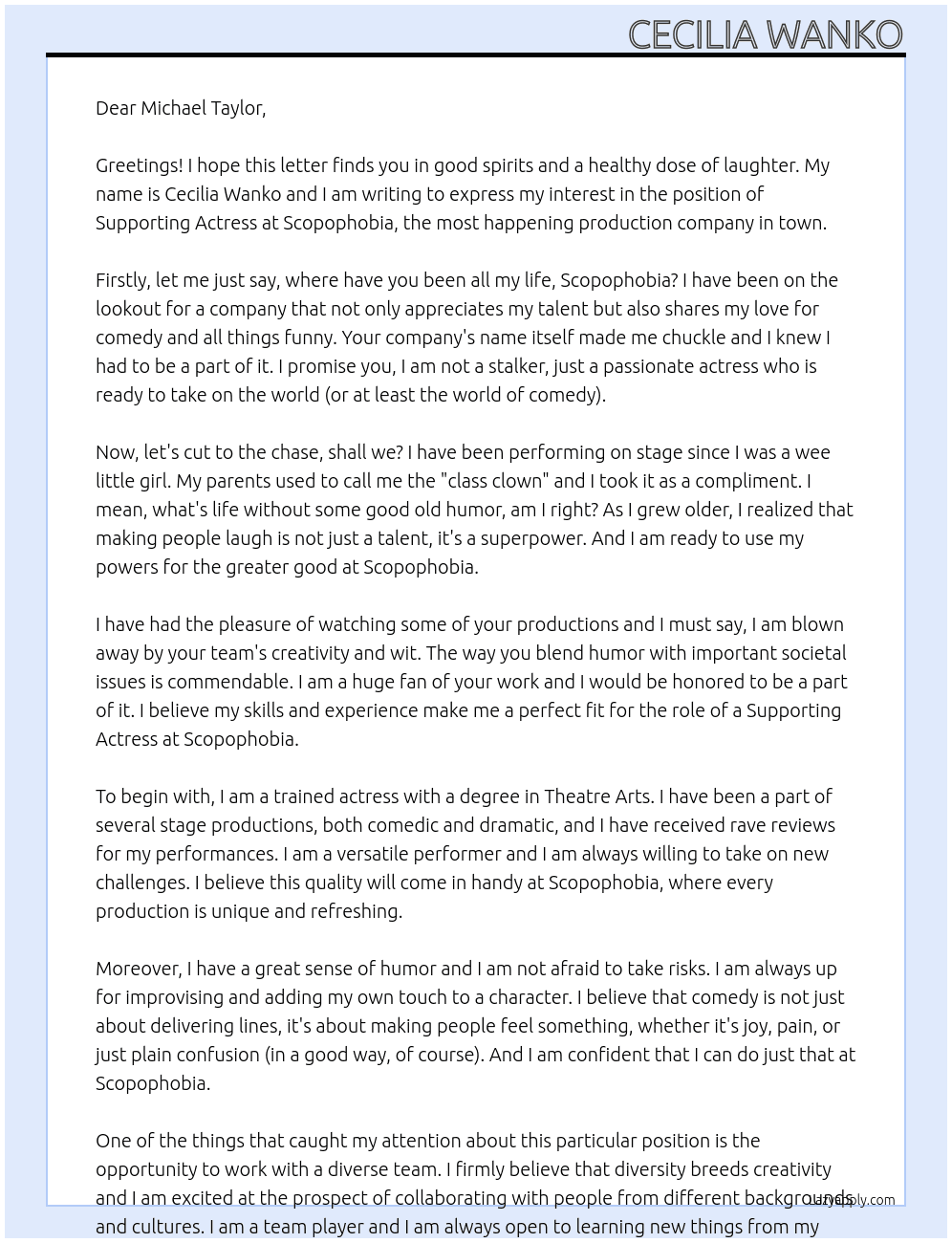 Supporting actress At 'Scopophobia' Cover Letter