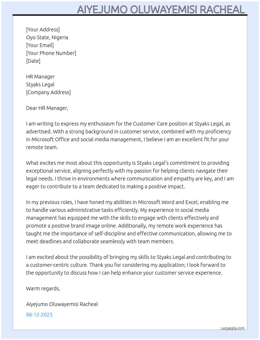 Costumer care  At Styaks legal Cover Letter