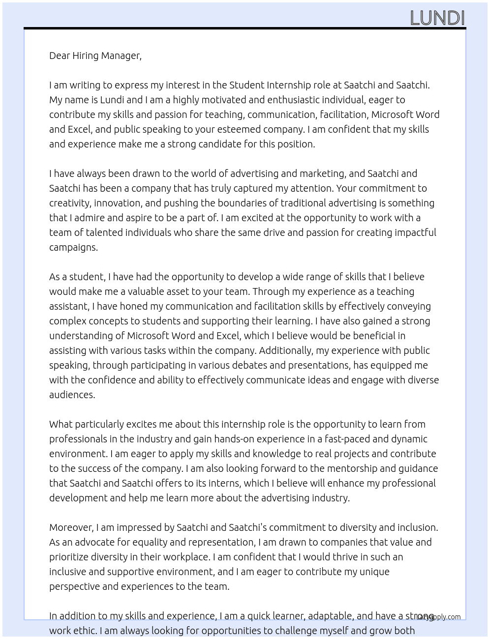 student At Saatchi and Saatchi Cover Letter
